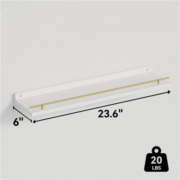 Floating Shelves 24 inches with Gold Metal Guardrail, Wall Decor Set‎ of 3 - Picture 3 of 8